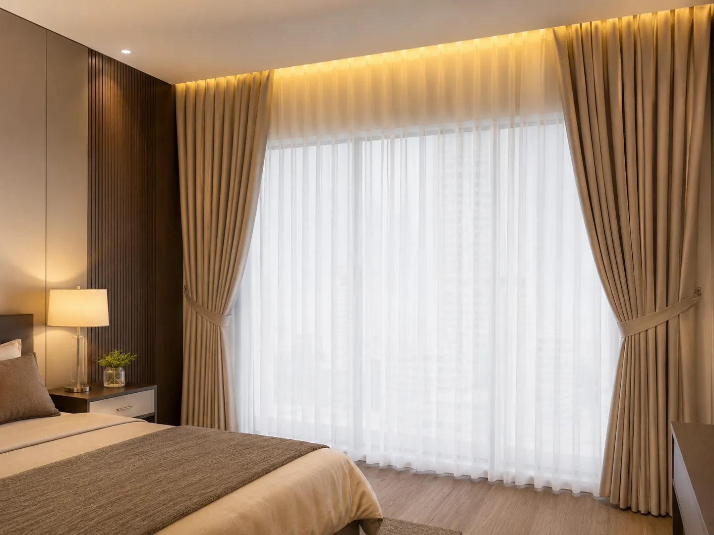 Gorden beige dan vitrase putih pada jendela lebar di kamar tidur modern