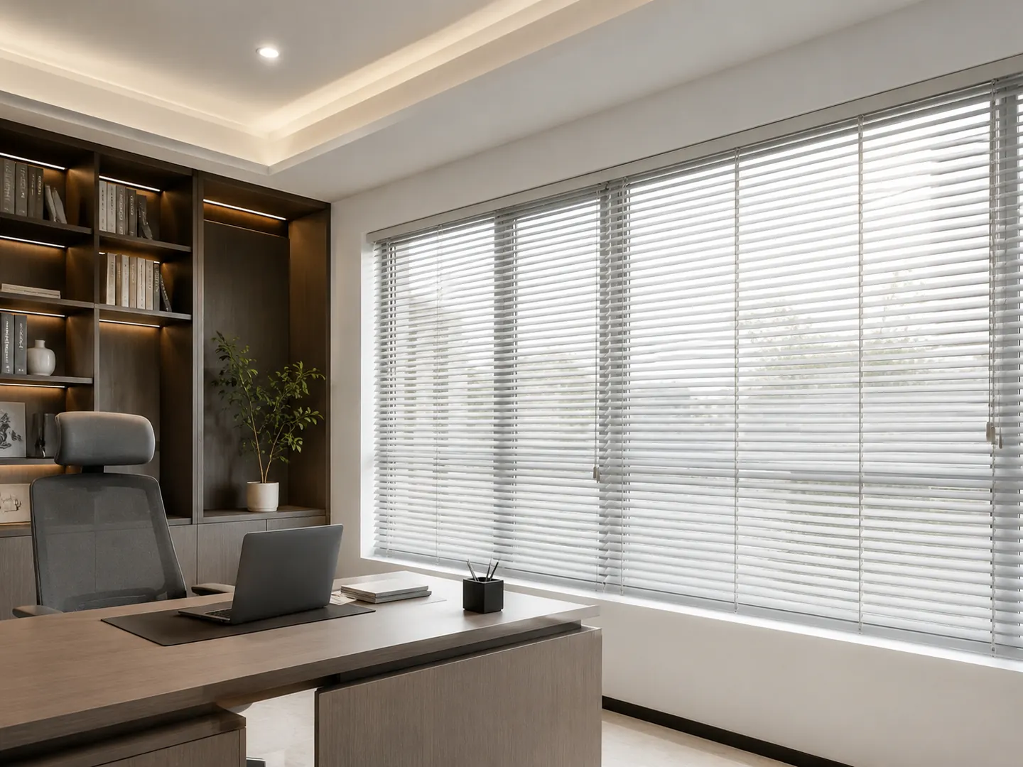 Horizontal blind putih pada jendela lebar di ruang kerja modern
