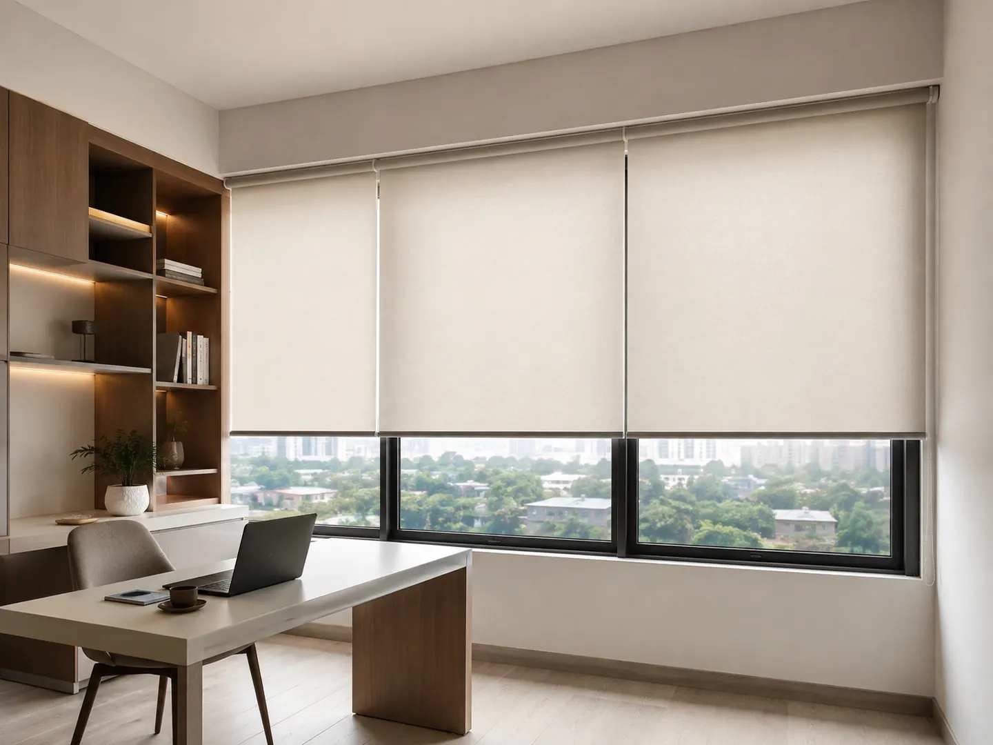 Roller blind warna terang pada tiga jendela ruang kerja