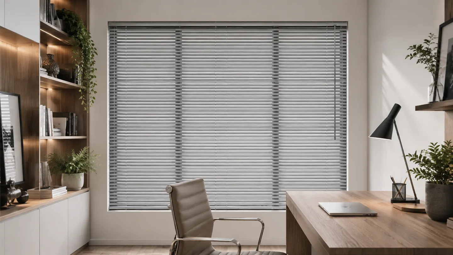 Horizontal blind abu-abu pada jendela besar di ruang kerja