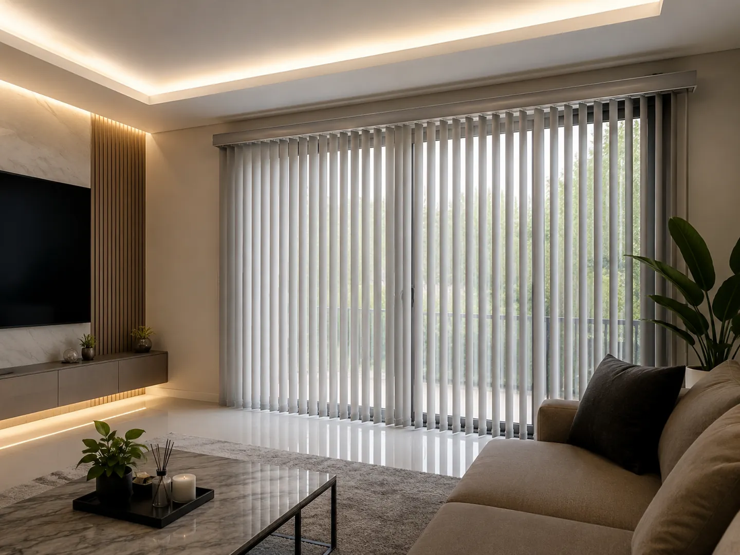 Vertical blind abu-abu muda pada bukaan kaca ruang tamu