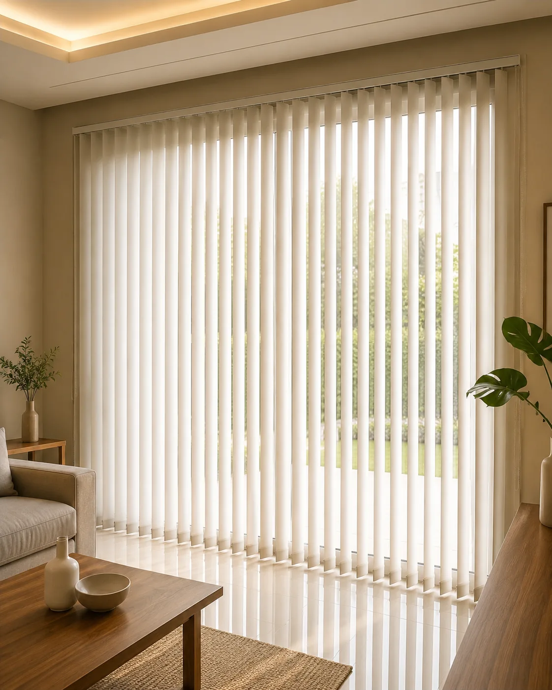Vertical blind putih pada ruang modern