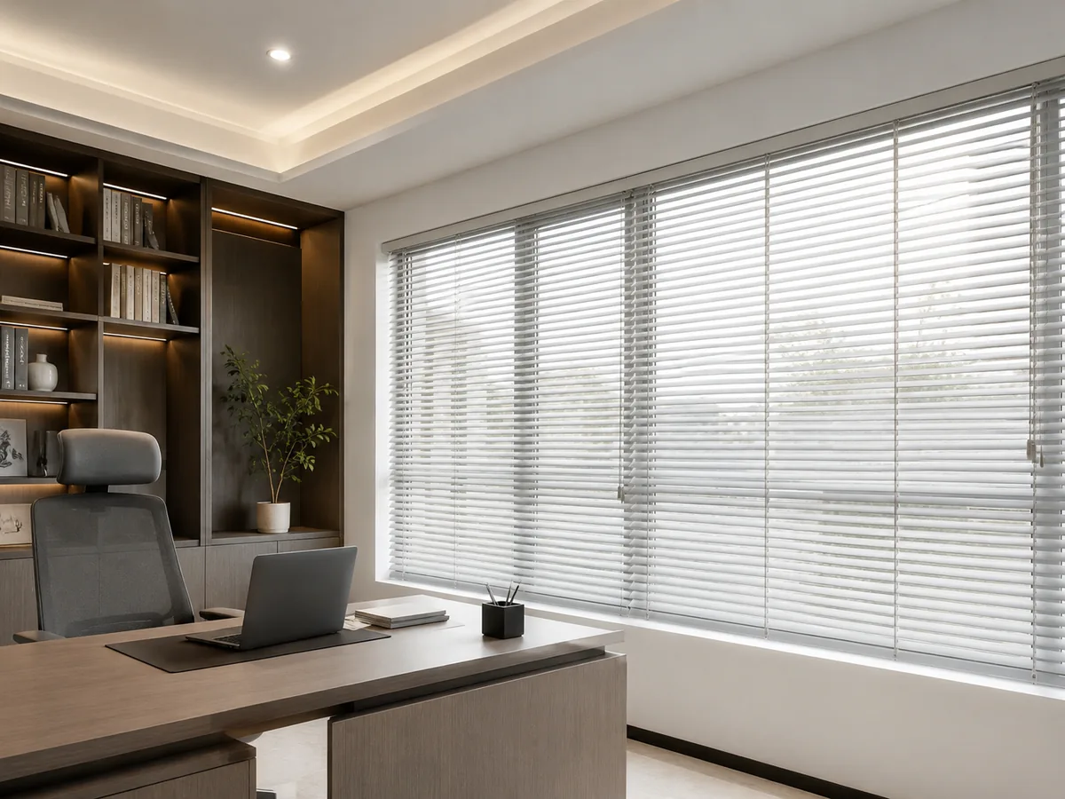 Horizontal blind putih pada jendela lebar ruang kerja