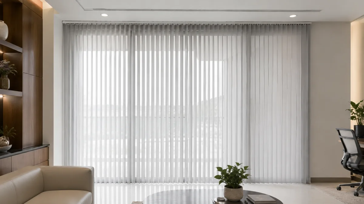 Vertical blind putih pada bukaan kaca lebar