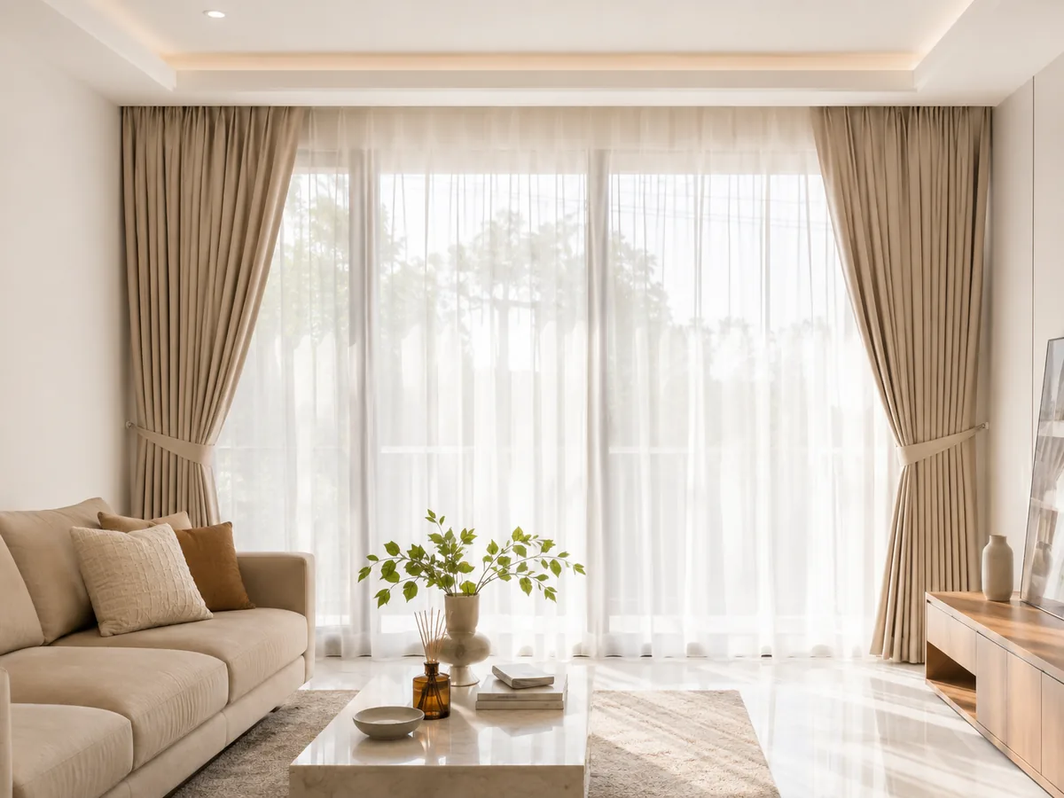 Vitrase putih dipadukan dengan gorden beige pada ruang tamu
